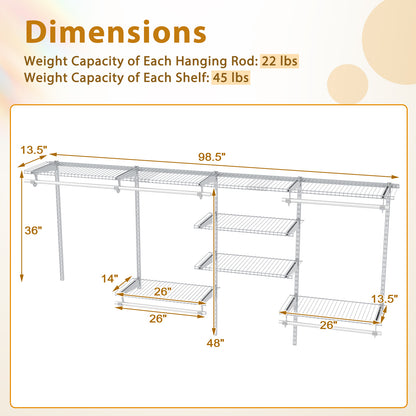 4-8 Feet Closet Organizers and Storage System with Hanging Rod for Laundry Bedroom-White