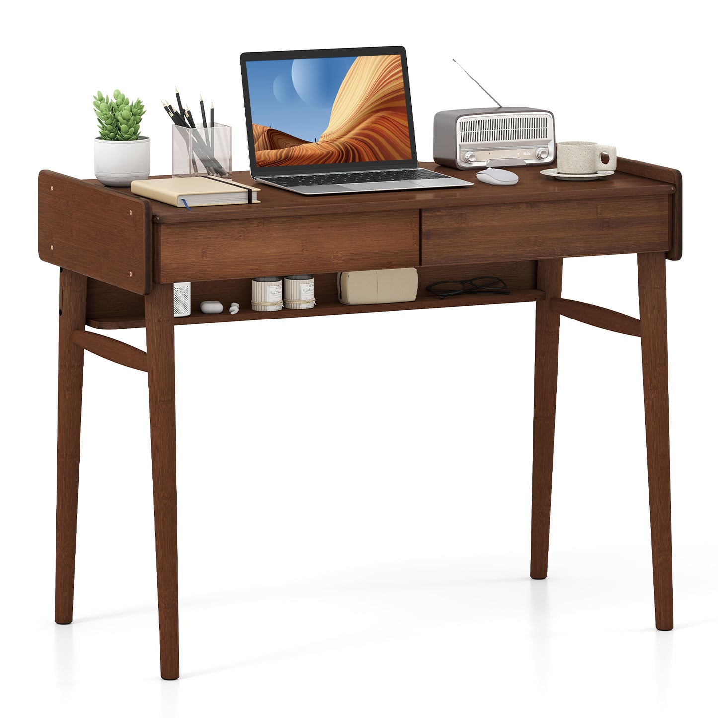 Bamboo Writing Desk with 2 Storage Drawers and Open Shelf-Natural - Walnut