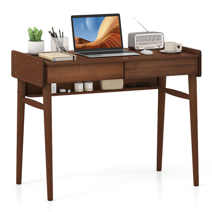 Bamboo Writing Desk with 2 Storage Drawers and Open Shelf-Natural - Walnut