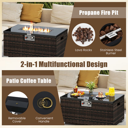 2-Piece Outdoor Rattan Fire Table Set 32 Inch Rectangle Gas Firepit with Tank Cover-Brown