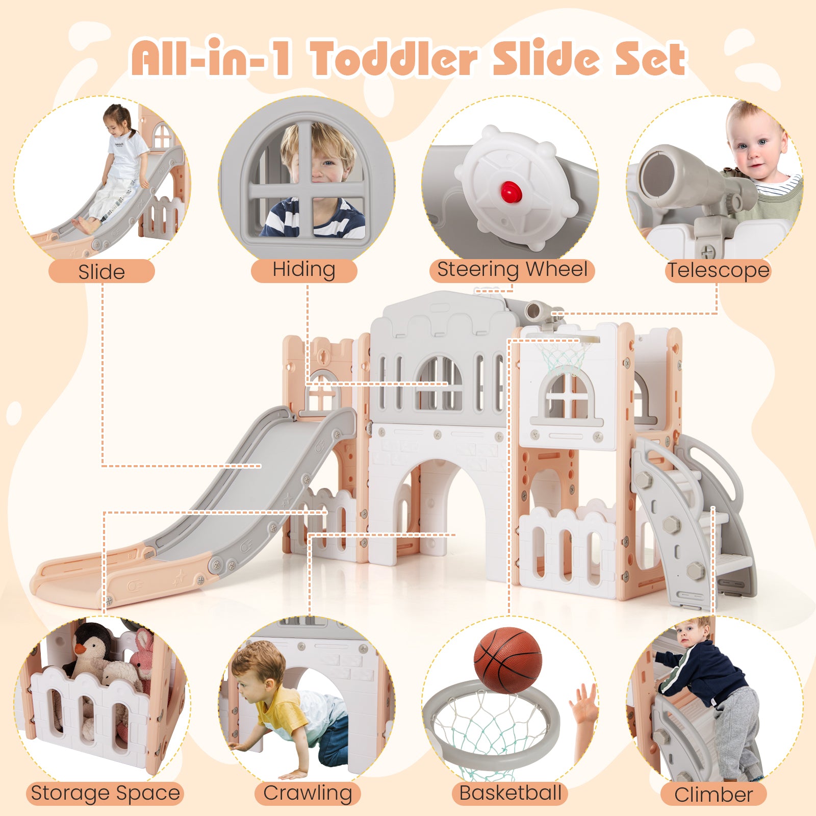 All-in-1 Toddler Slide Playset Playground with Tunnel and Ladder and Basketball-Pink