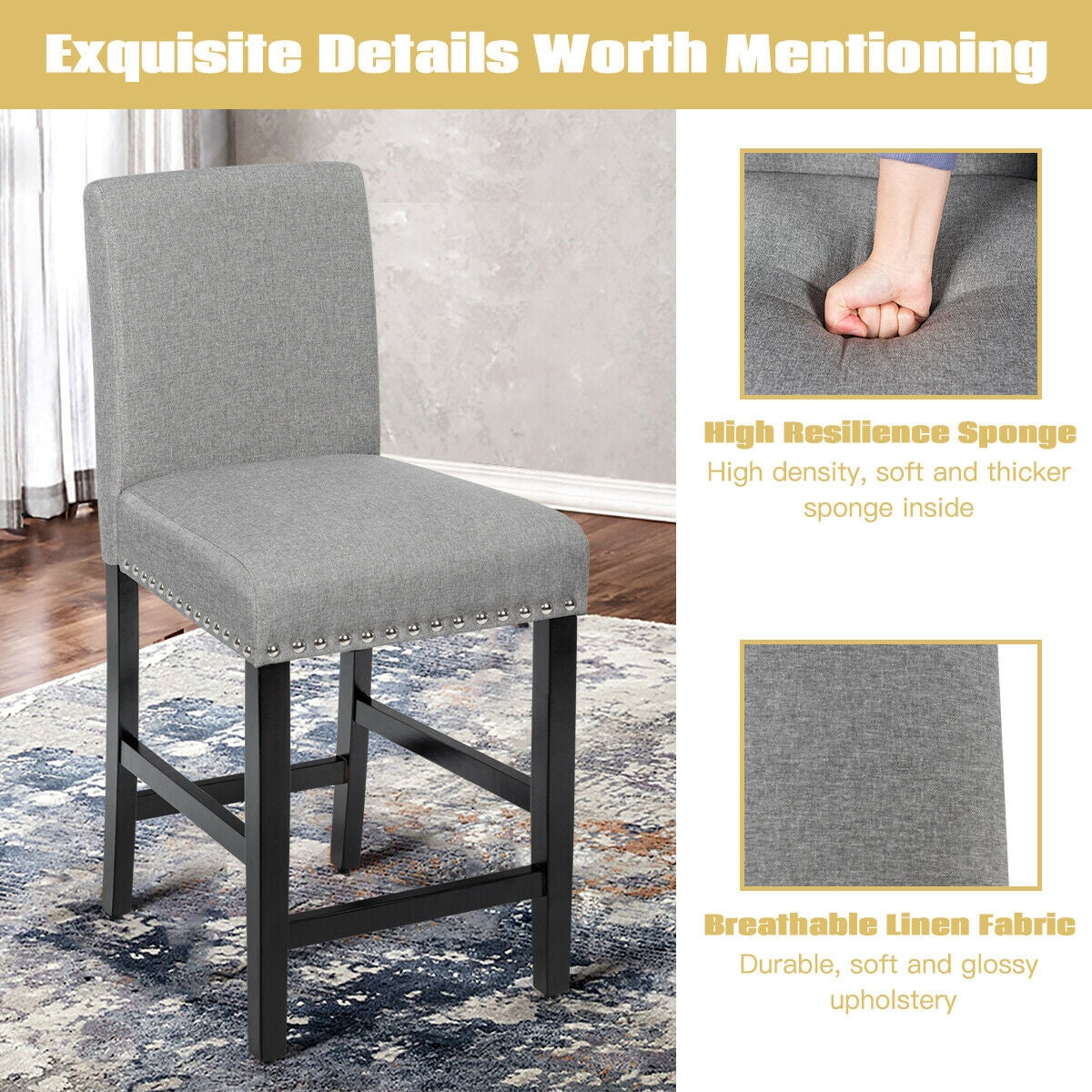 25 Inch Kitchen Chairs with Rubber Wood Legs-Gray