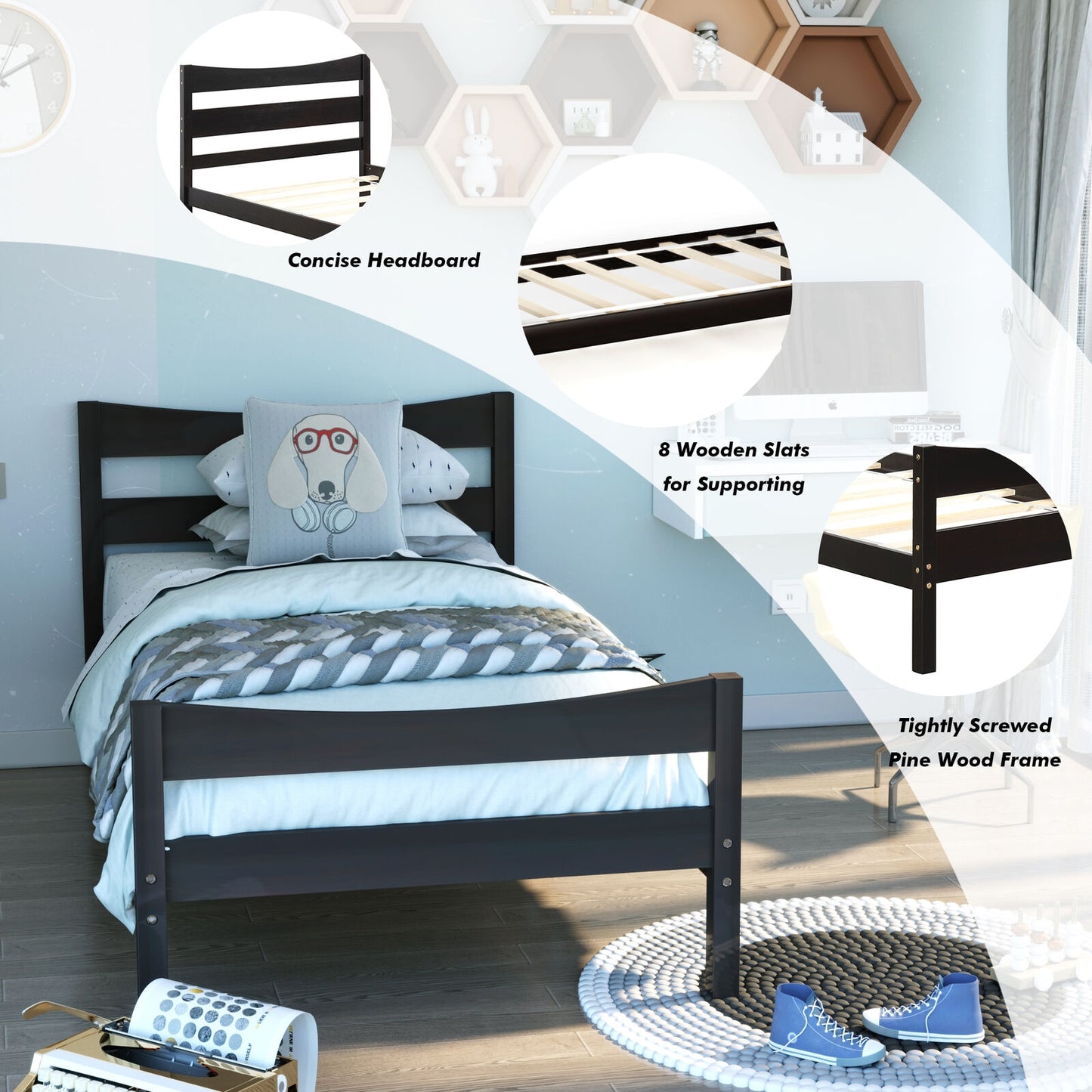 Twin Size Rustic Style Platform Bed Frame with Headboard and Footboard-White - Dark Brown