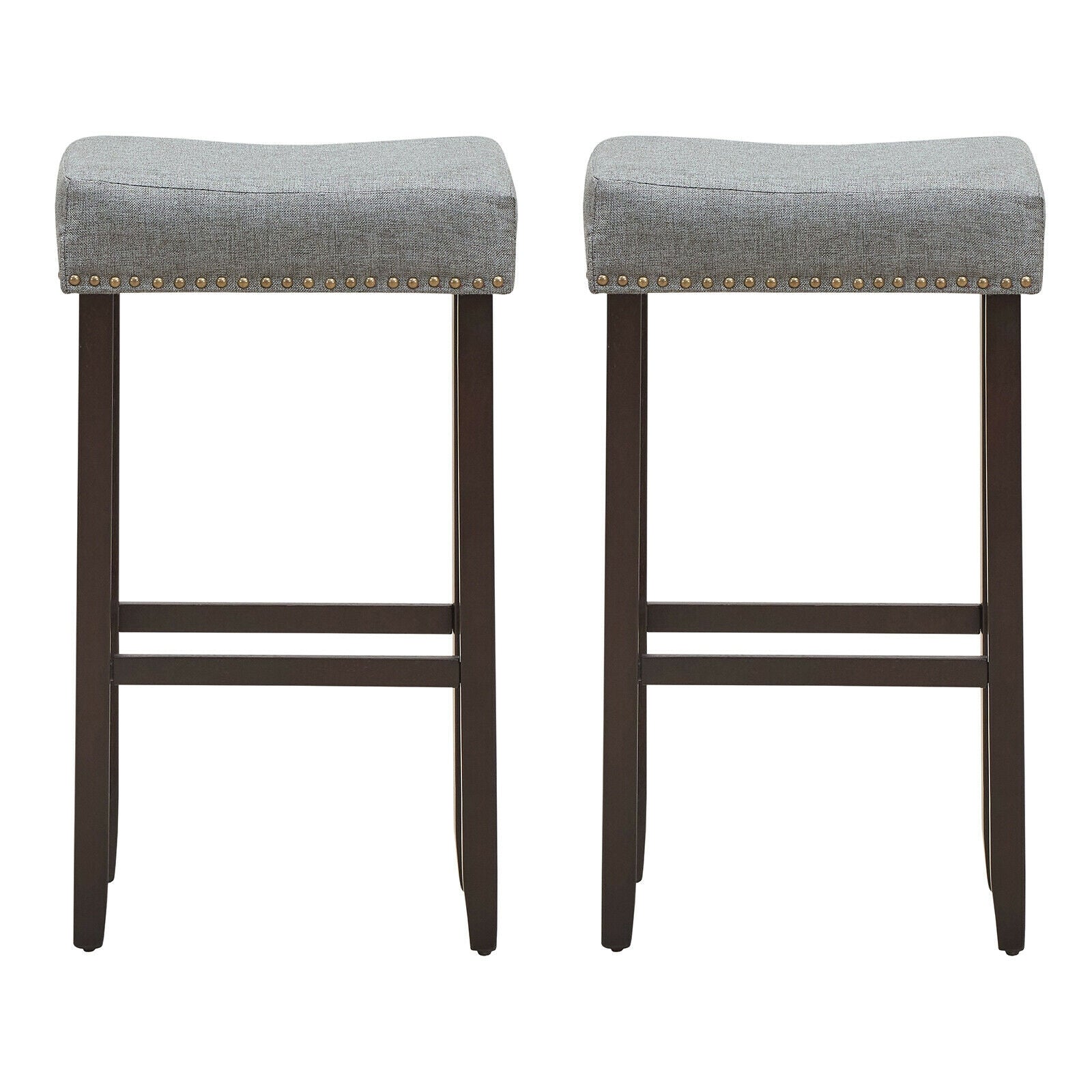 Set of 2 Nailhead Saddle Bar Stools 29 Inch Height-Gray