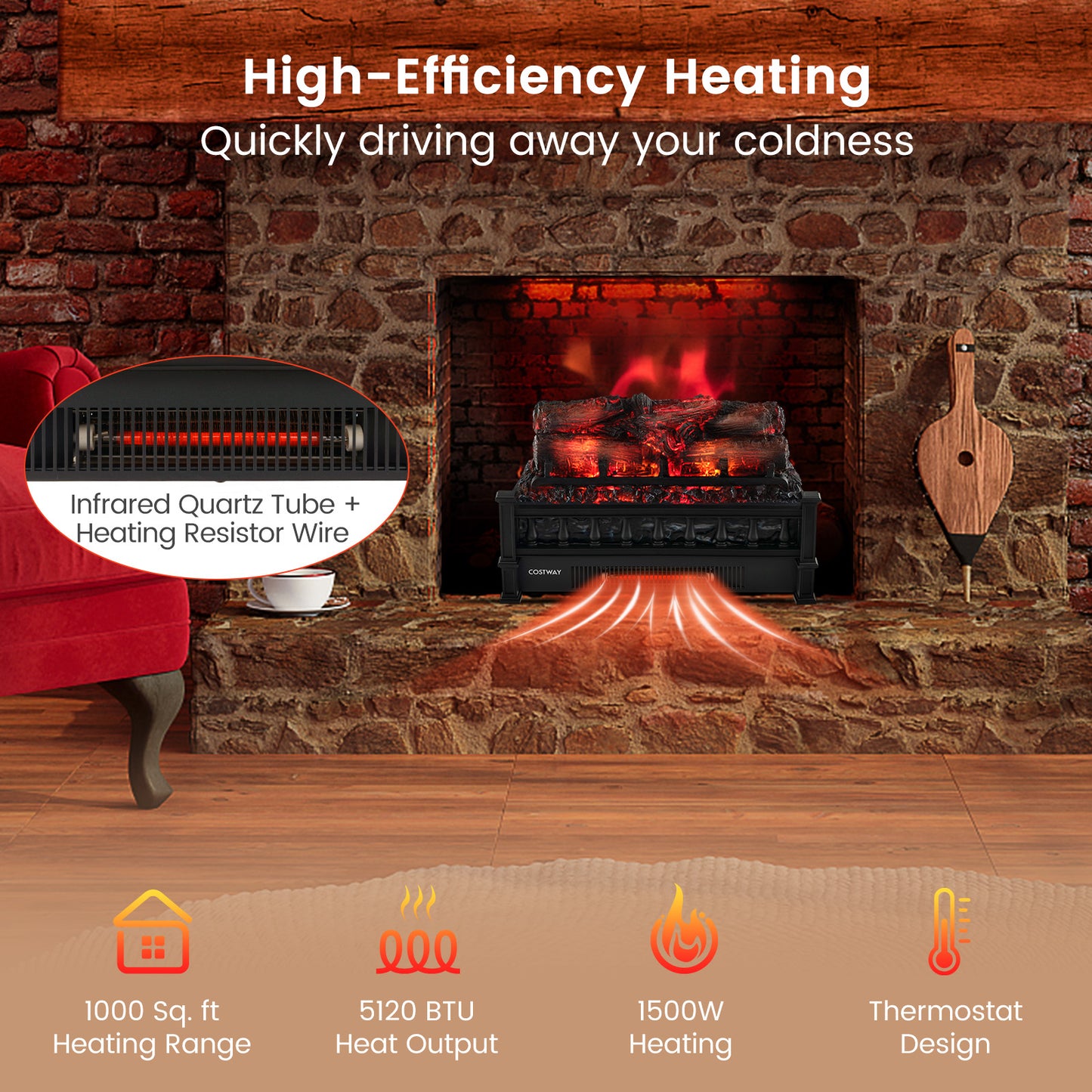 20 Inch Electric Fireplace Heater with Realistic Pinewood Ember Bed-Black