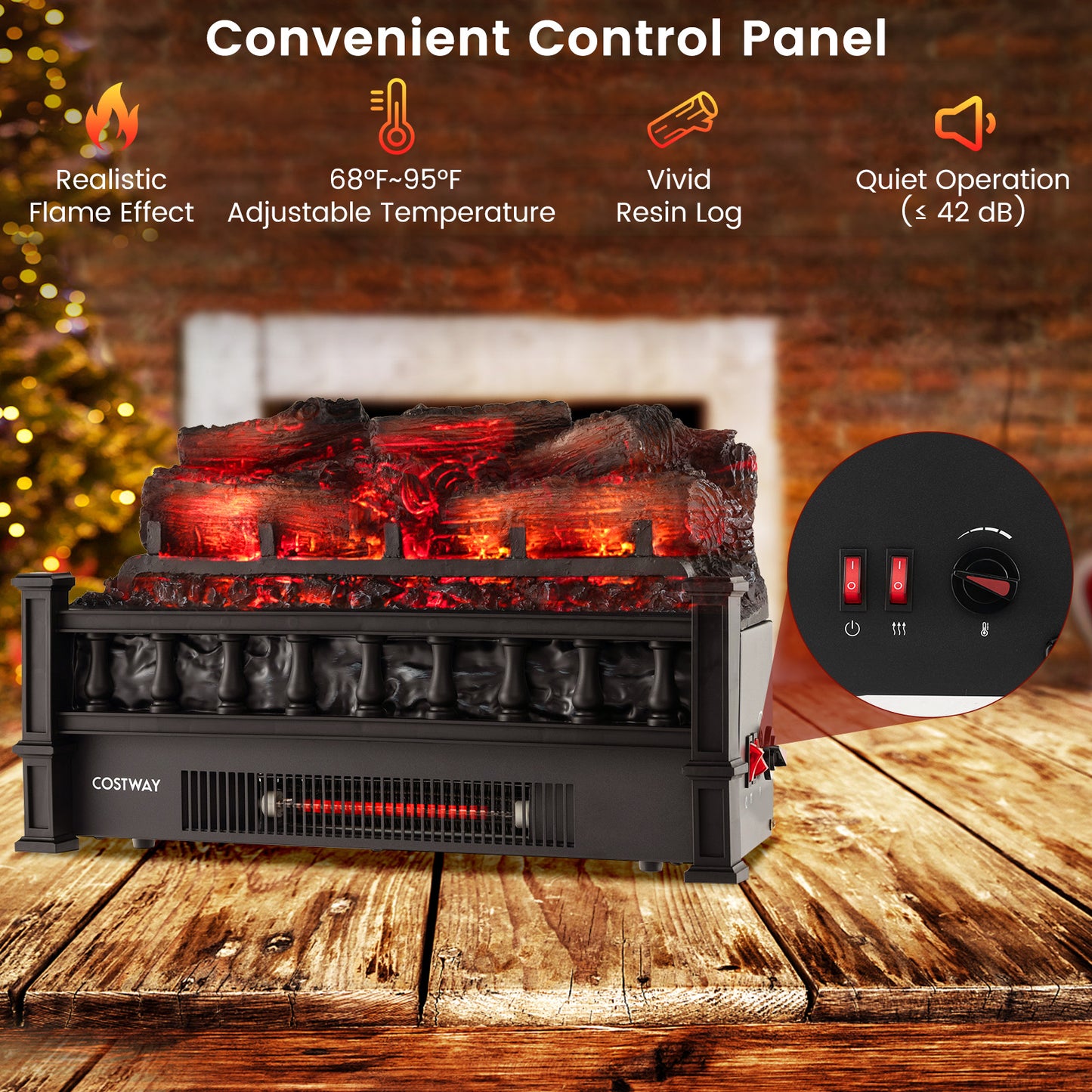 20 Inch Electric Fireplace Heater with Realistic Pinewood Ember Bed-Black