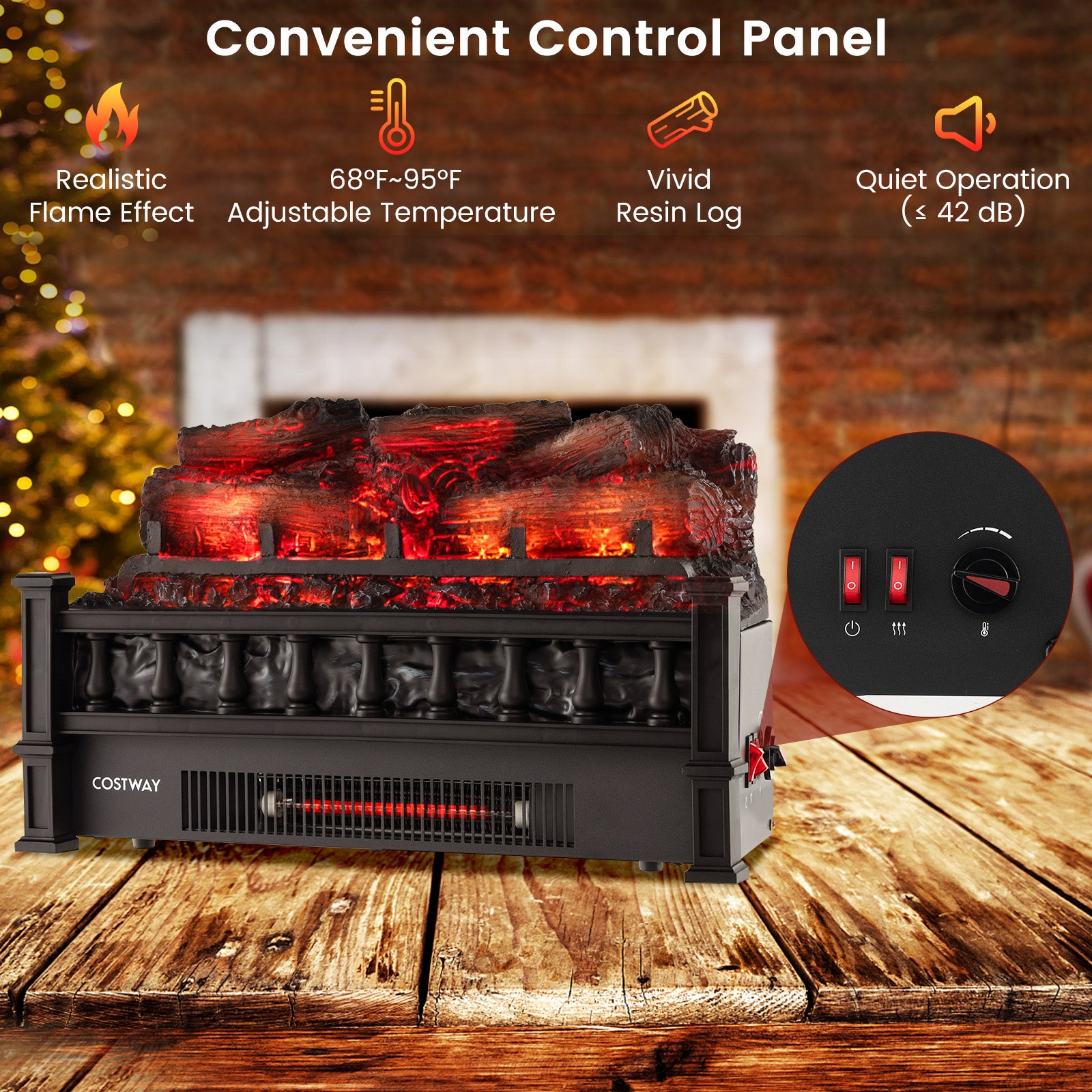20 Inch Electric Fireplace Heater with Realistic Pinewood Ember Bed-Black