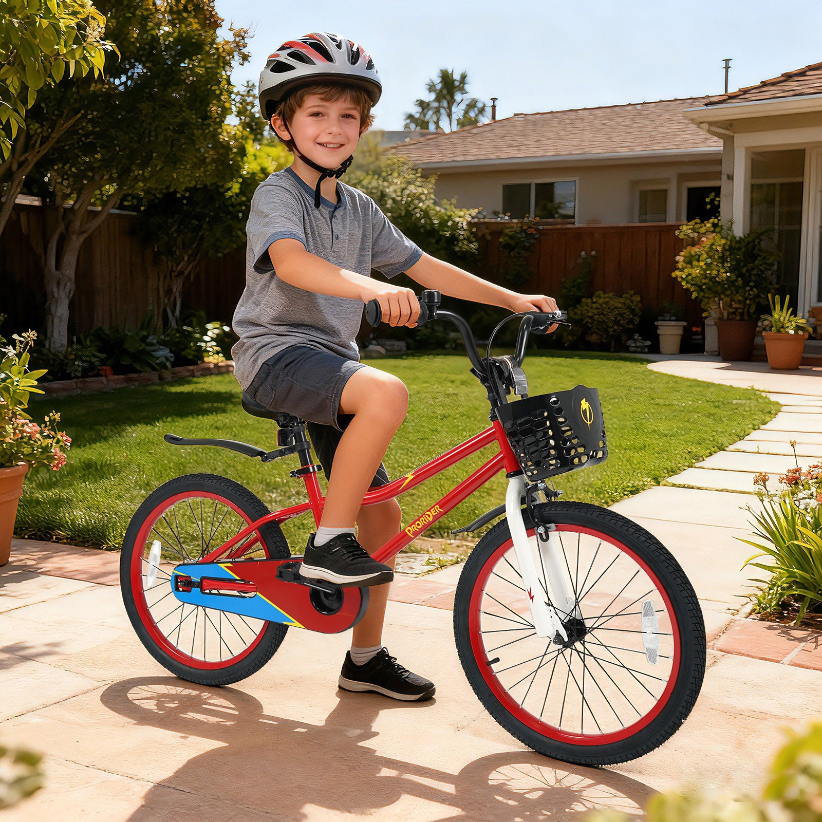 20 Inch Kids Bike Adjustable with Kickstand and Storage Basket for Aged 8+ Years-Red