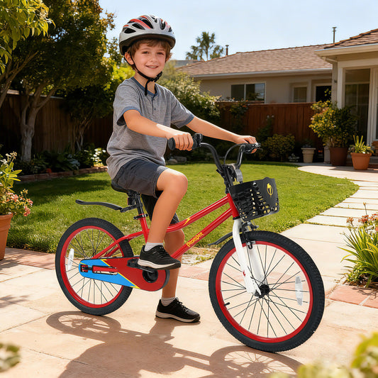 20 Inch Kids Bike Adjustable with Kickstand and Storage Basket for Aged 8+ Years-Red