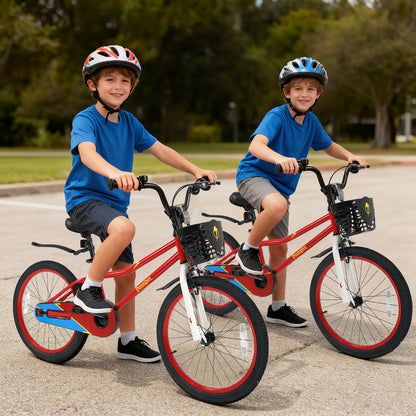 20 Inch Kids Bike Adjustable with Kickstand and Storage Basket for Aged 8+ Years-Red