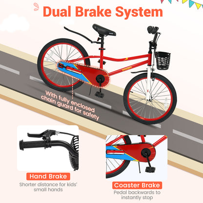 20 Inch Kids Bike Adjustable with Kickstand and Storage Basket for Aged 8+ Years-Red