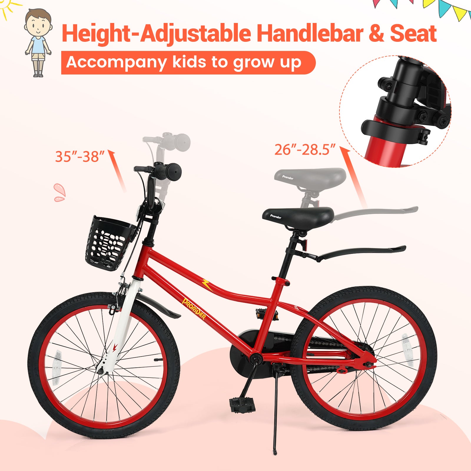 20 Inch Kids Bike Adjustable with Kickstand and Storage Basket for Aged 8+ Years-Red