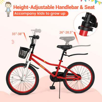 20 Inch Kids Bike Adjustable with Kickstand and Storage Basket for Aged 8+ Years-Red