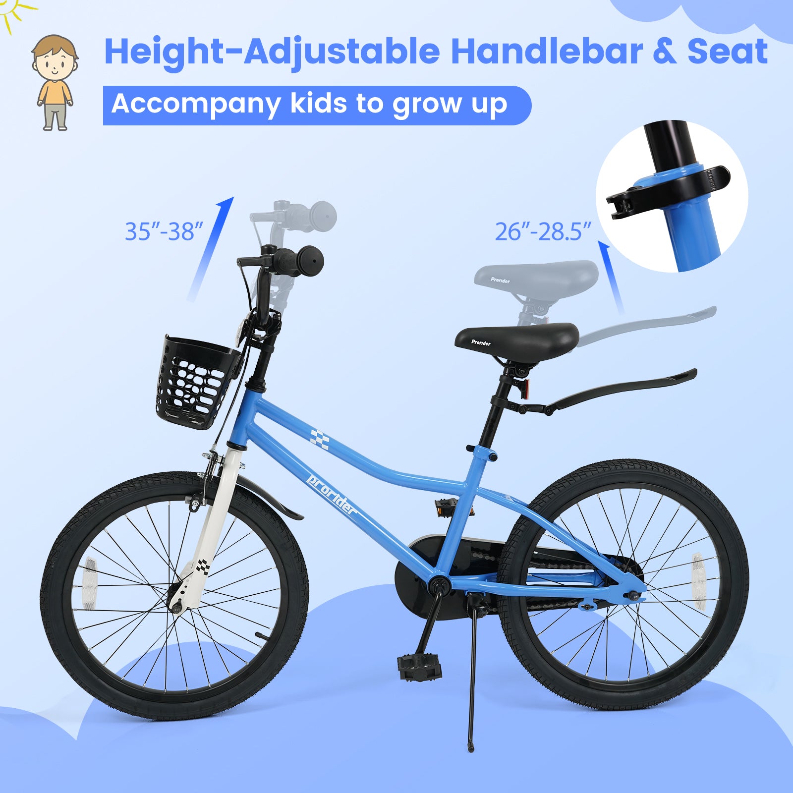 20 Inch Kids Bike Adjustable with Kickstand and Storage Basket for Aged 8+ Years-Navy