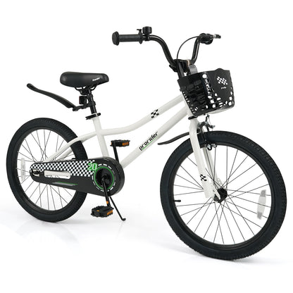 20 Inch Kids Bike Adjustable with Kickstand and Storage Basket for Aged 8+ Years-White