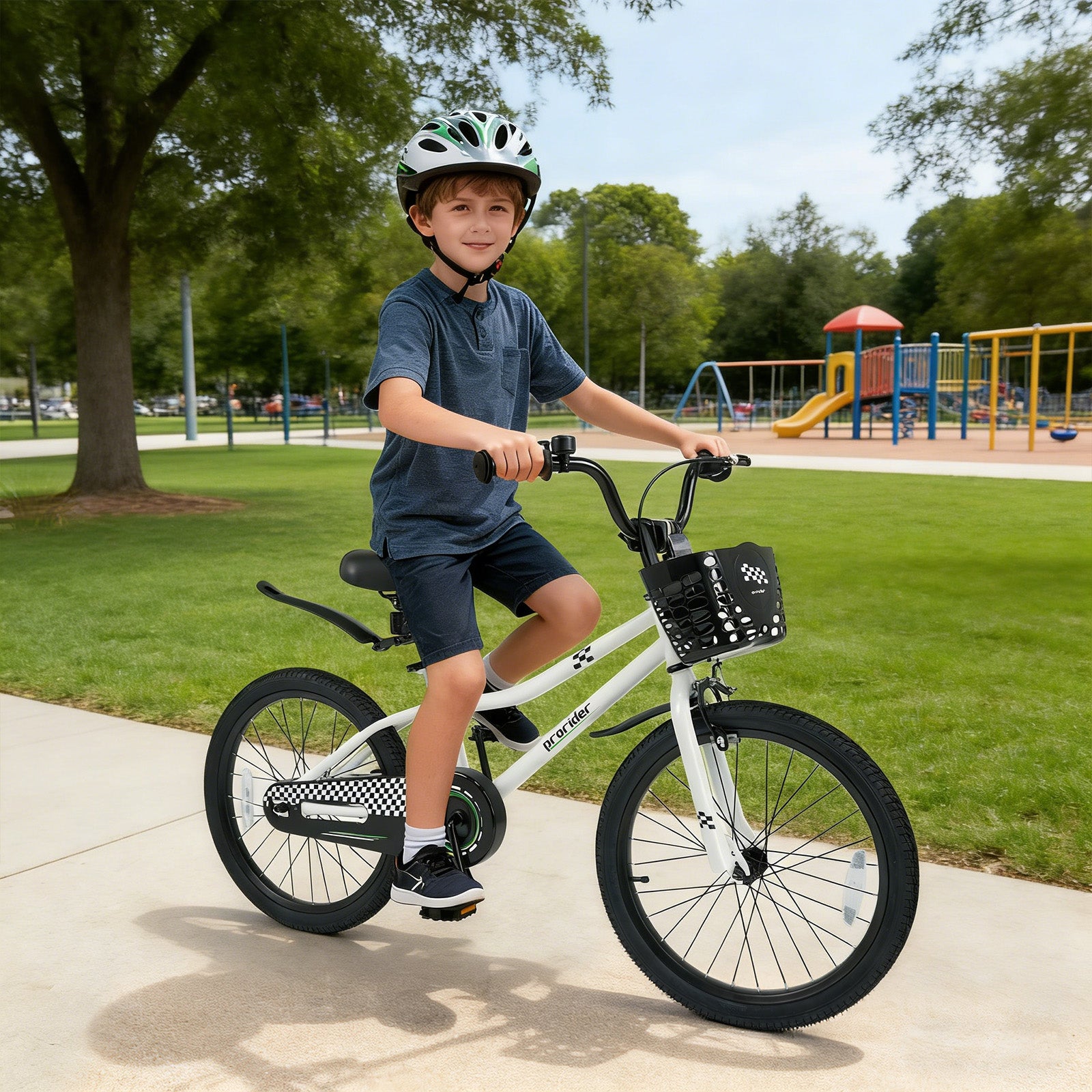 20 Inch Kids Bike Adjustable with Kickstand and Storage Basket for Aged 8+ Years-White