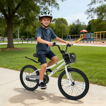 20 Inch Kids Bike Adjustable with Kickstand and Storage Basket for Aged 8+ Years-White