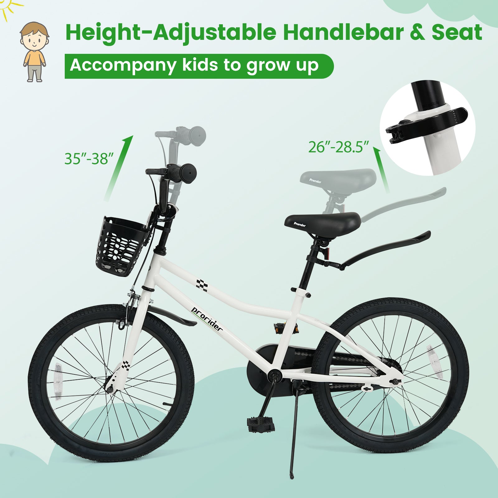 20 Inch Kids Bike Adjustable with Kickstand and Storage Basket for Aged 8+ Years-White