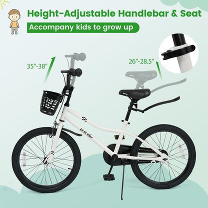 20 Inch Kids Bike Adjustable with Kickstand and Storage Basket for Aged 8+ Years-White