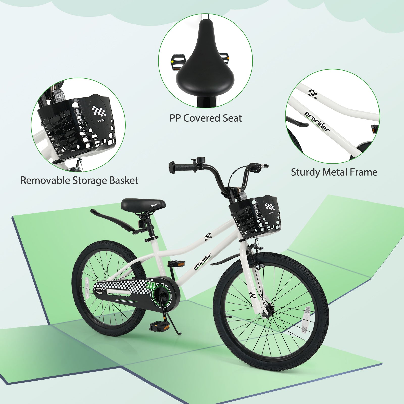 20 Inch Kids Bike Adjustable with Kickstand and Storage Basket for Aged 8+ Years-White