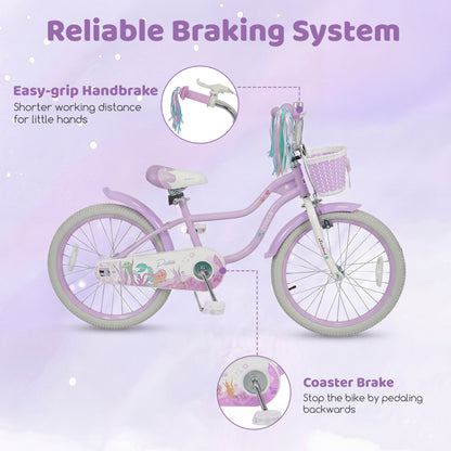 Kids Bike 12-20 Inch with Training Wheels & Basket Purple