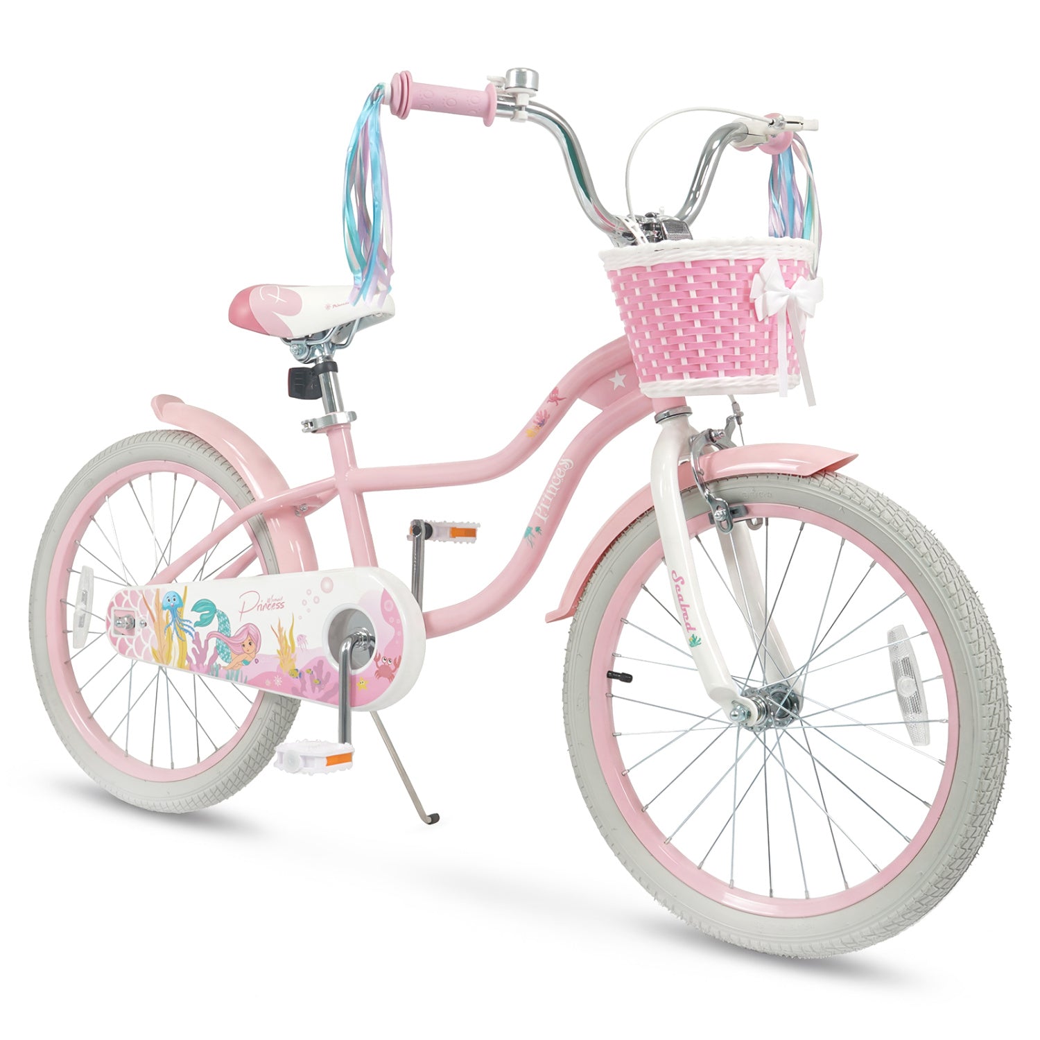 20 Inch Kids Bike Adjustable with Basket and Streamers Pink - Princess of the Sea Theme - Princess Of The Sea Theme