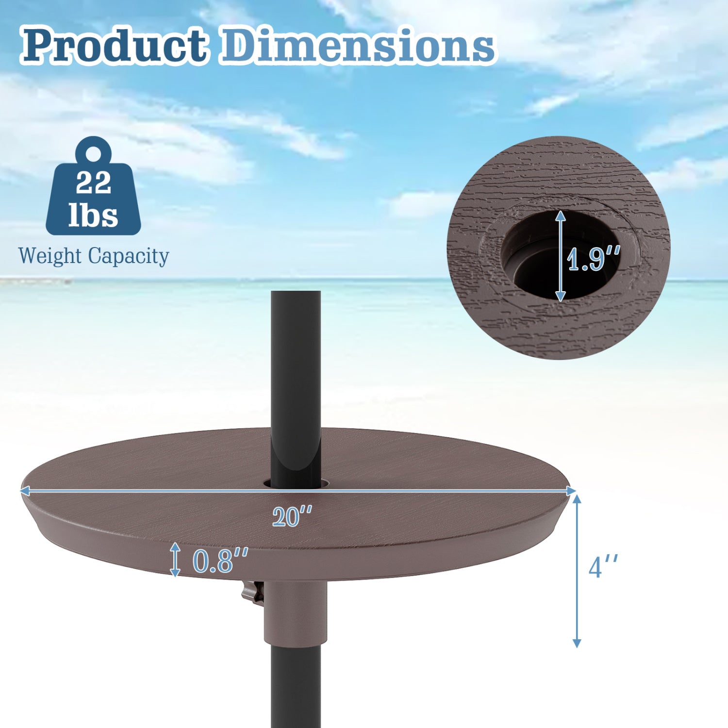 20 Inch Outdoor Adjustable Umbrella Table for 2 Sizes Patio Umbrella Pole-Coffee