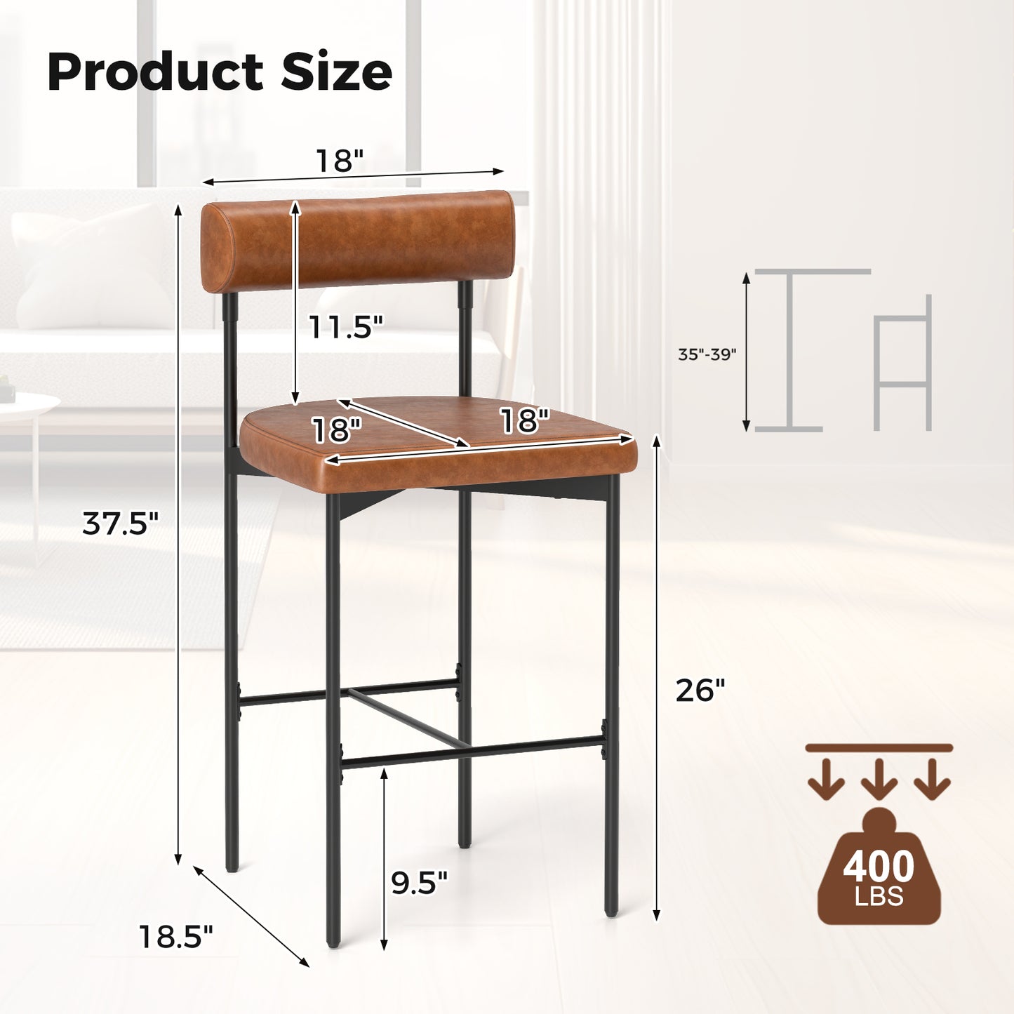 26 Inch Upholstered Bar Stools Set of 2 Counter Height Bar Chairs with Backrest