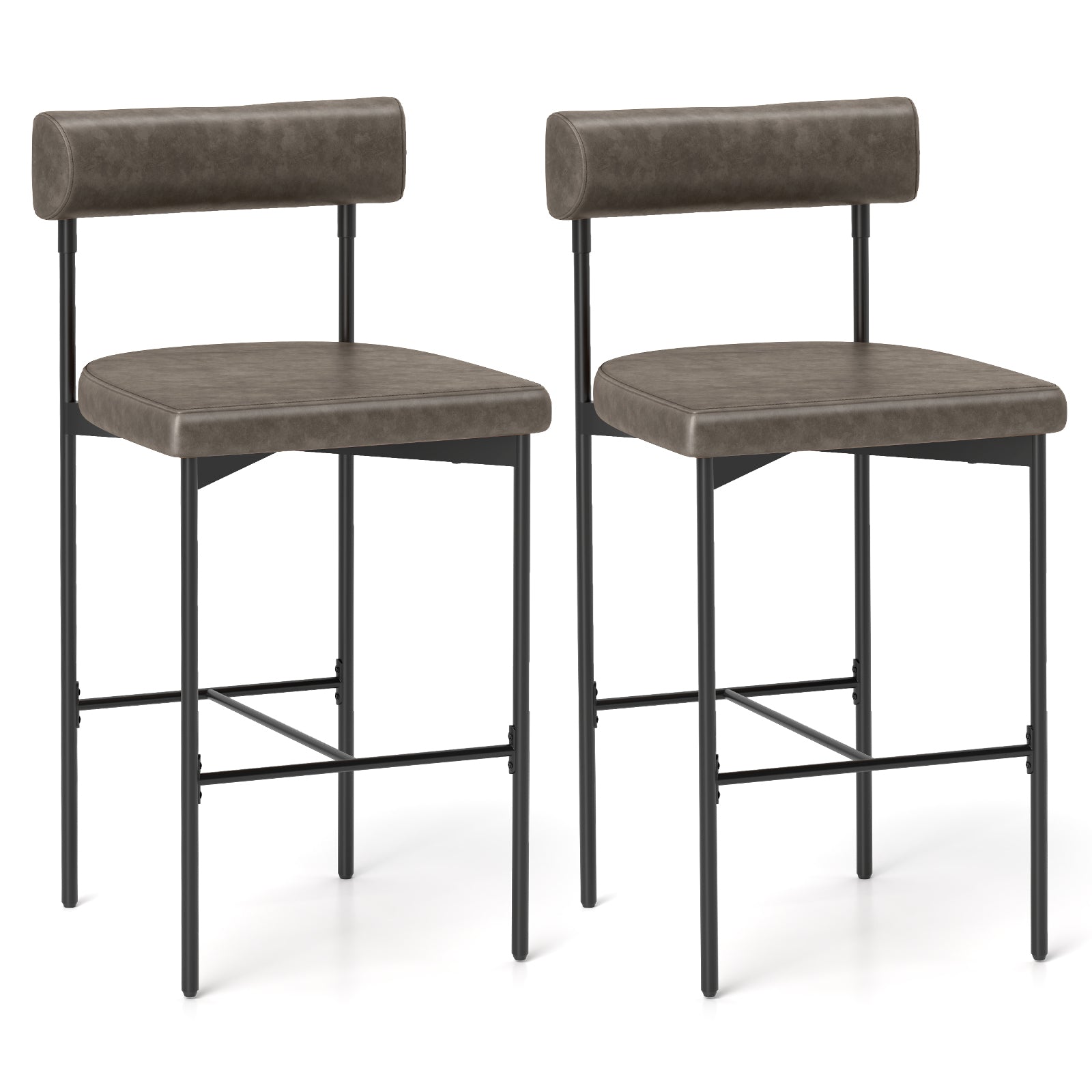 26 Inch Upholstered Bar Stools Set of 2 Counter Height Bar Chairs with Backrest-Brown - Gray