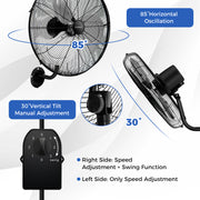 20 Inch Wall Mount Fan with 3 Fan Speeds and Adjustable Tilt Head-Black