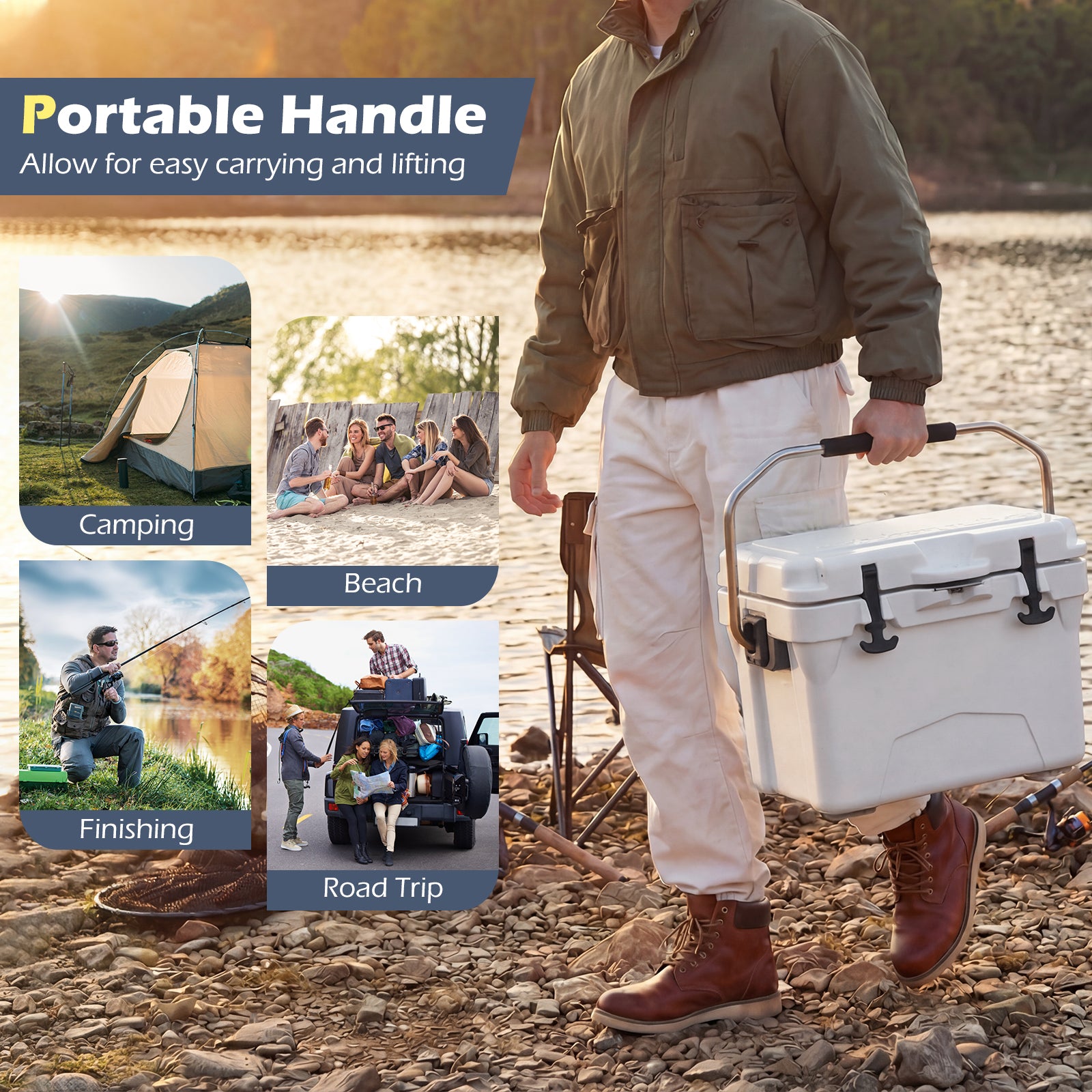 20 Quart Portable Hard Cooler with Built-in Ruler and Bottle-White