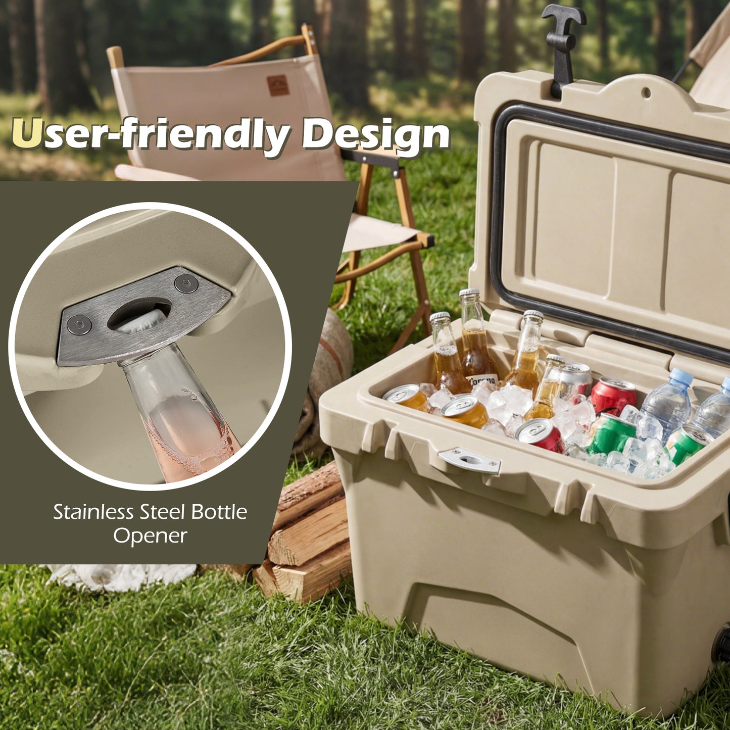 20 Quart Portable Hard Cooler with Built-in Ruler and Bottle-Khaki