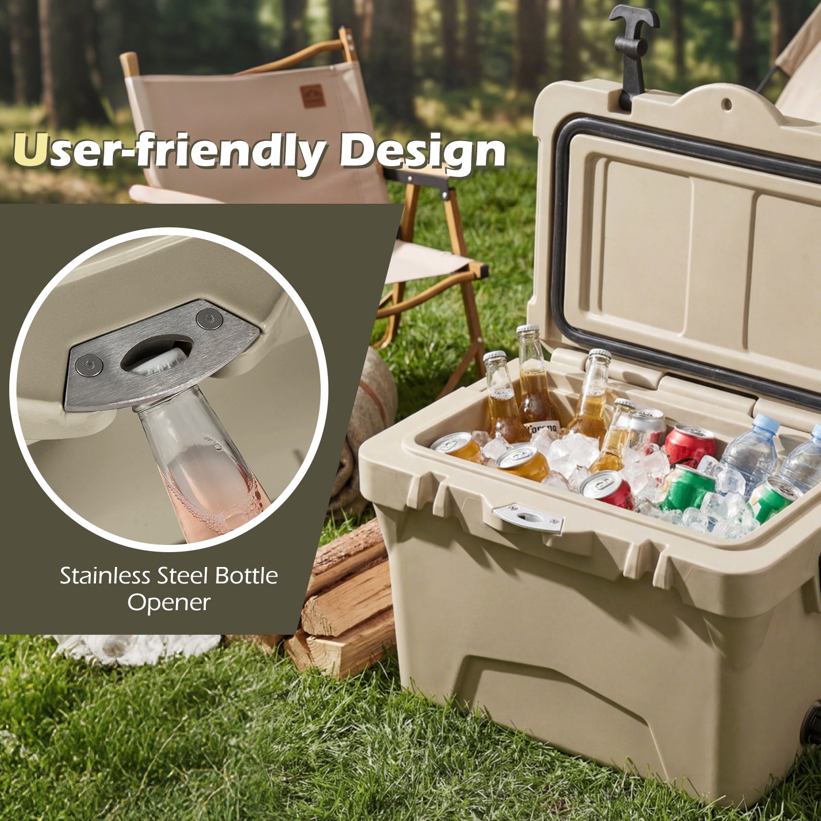 20 Quart Portable Hard Cooler with Built-in Ruler and Bottle-Khaki