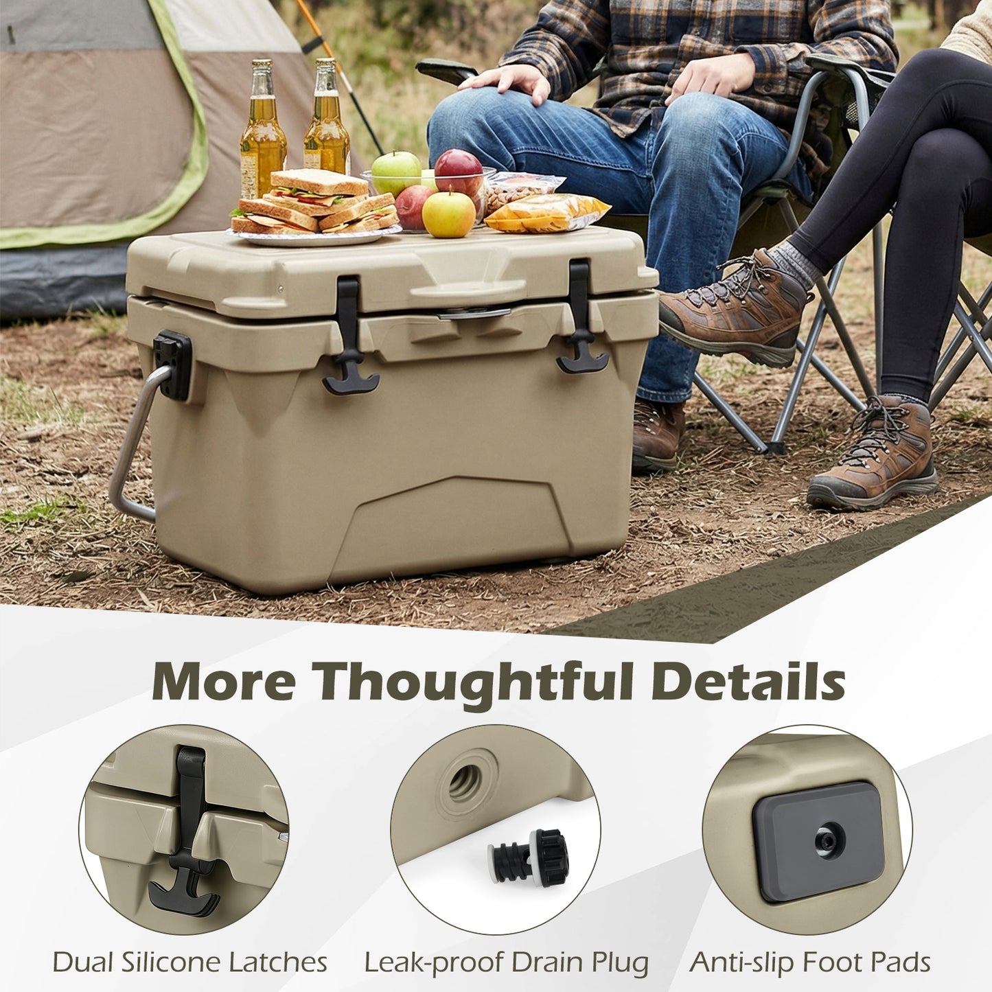 20 Quart Portable Hard Cooler with Built-in Ruler and Bottle-Khaki