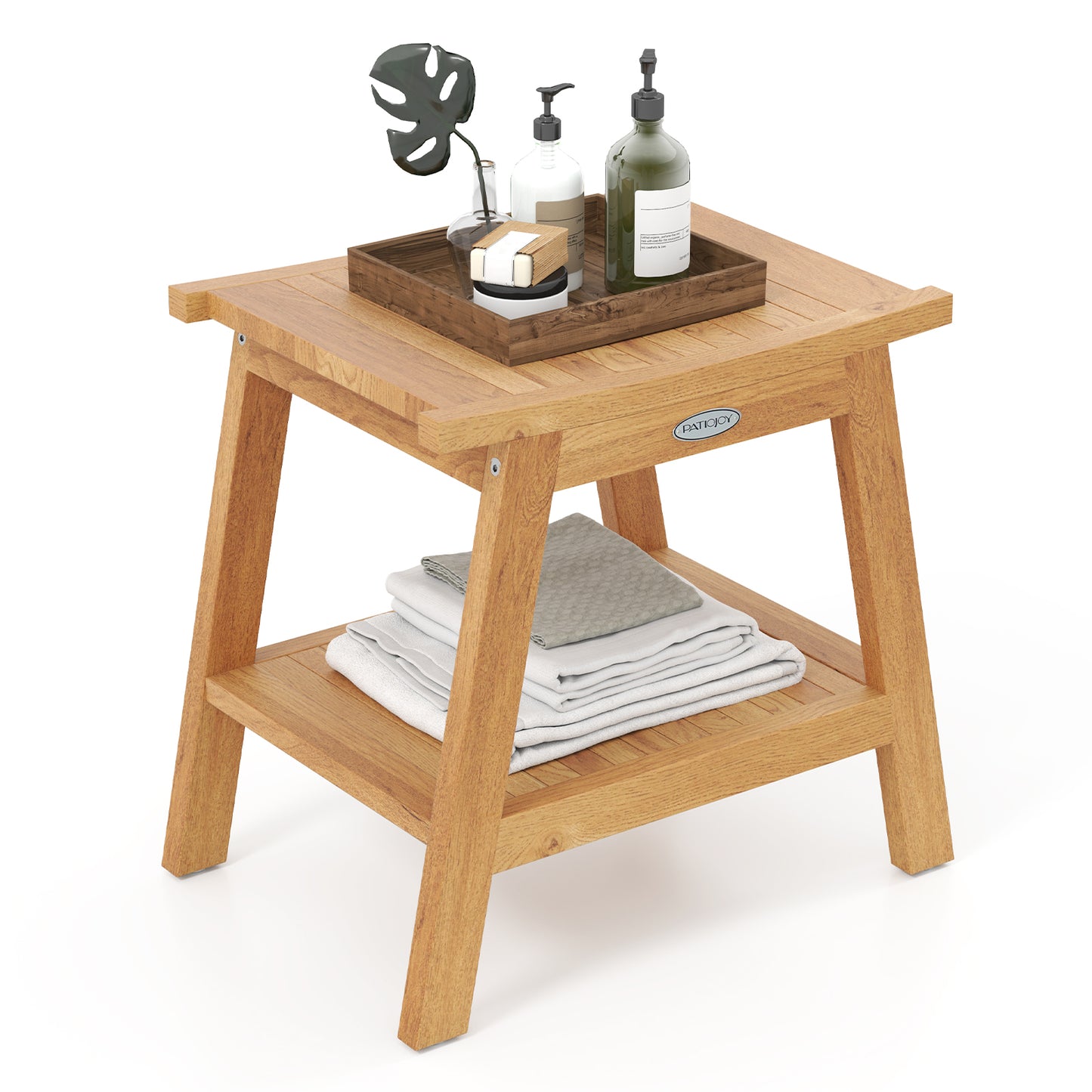 20 Inches Teak Wood Shower Bench with Storage Shelf and Adjustable Foot Pads