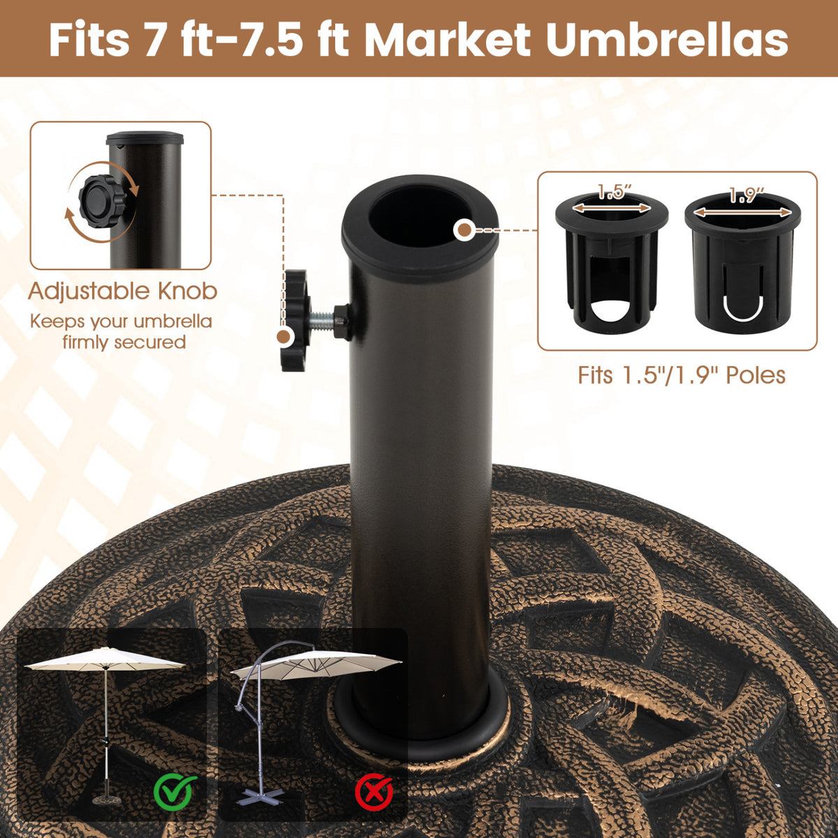 Patio Umbrella Base 20 lbs Round with Dual Pole Adapters