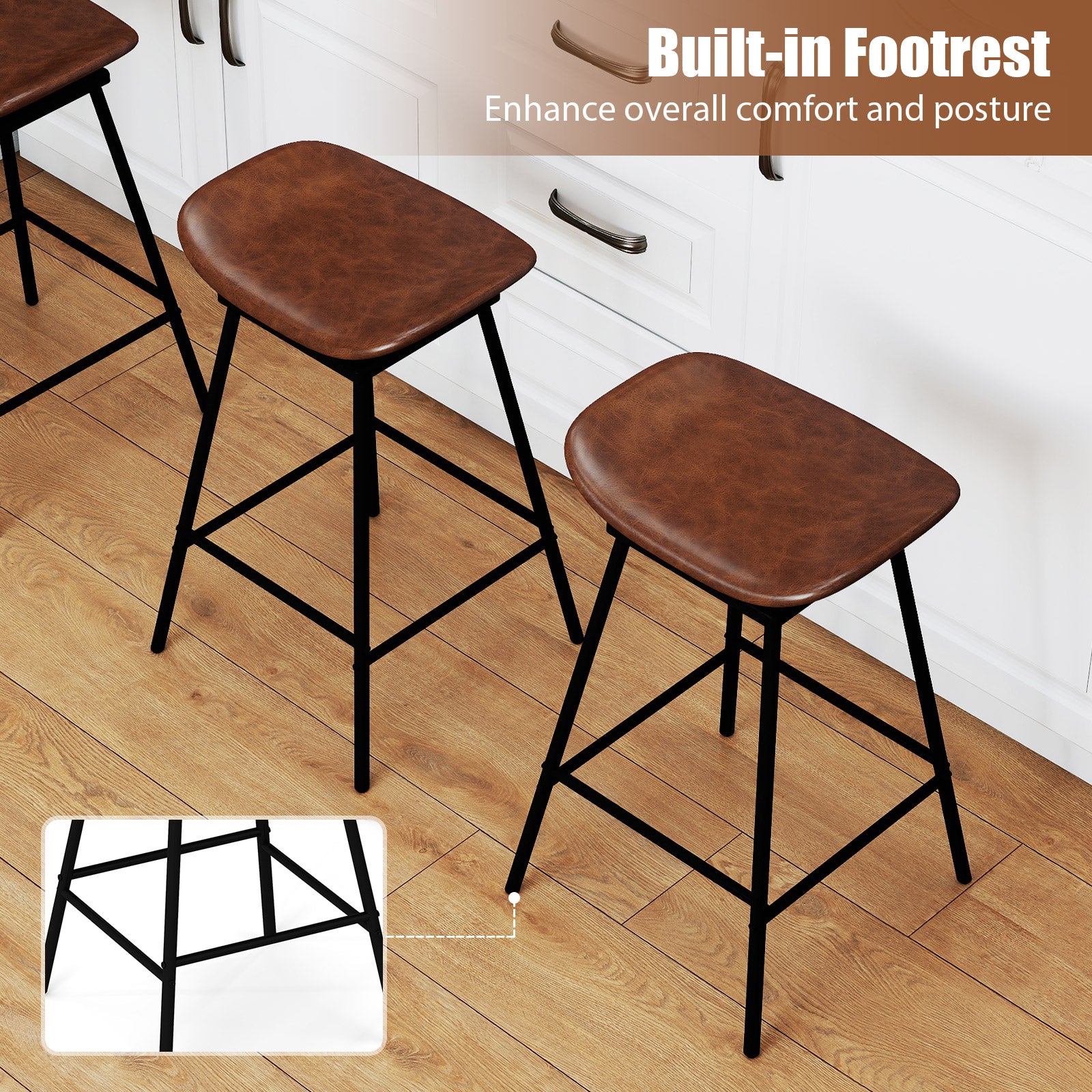 Set of 2 Swivel Barstools Faux Leather Upholstered Backless with Footrest-Brown