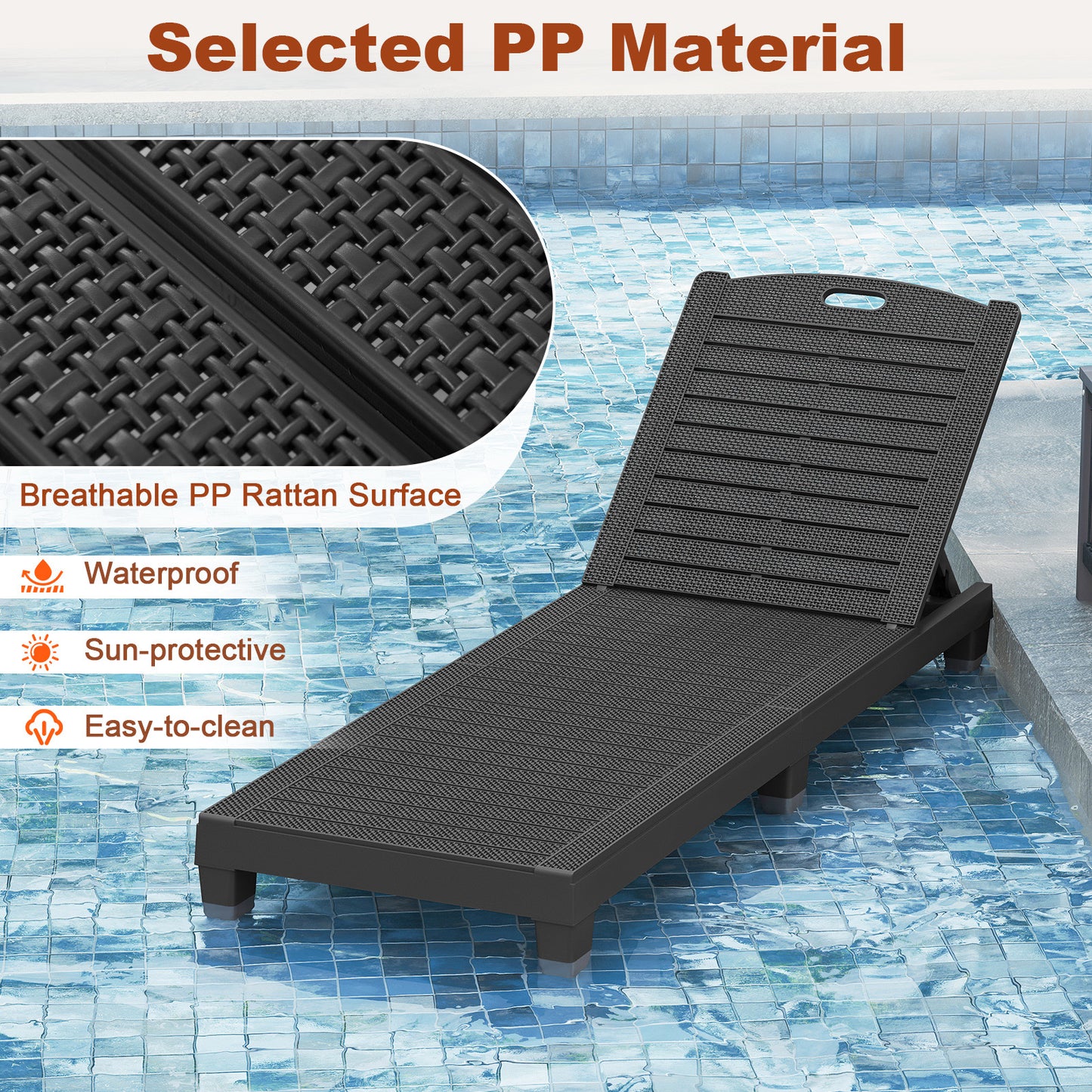 Outdoor PP Chaise Lounge Chairs Set of 2 with 4-Position Adjustable Backrests-Black