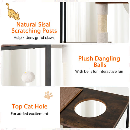 52 Inch Tall Wooden Cat Tree Metal Frame with 2 Condos and Cushions-Coffee