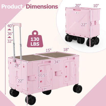 Large Foldable Utility Cart with 2-Tier Storage Crates and Telescoping Handle-Pink