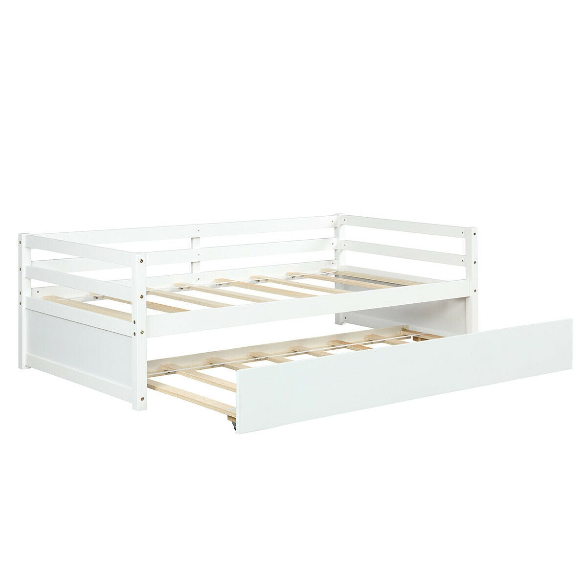 Twin Size Trundle Platform Bed Frame with Wooden Slat Support-Gray - White