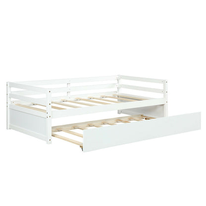 Twin Size Trundle Platform Bed Frame with Wooden Slat Support-Gray - White