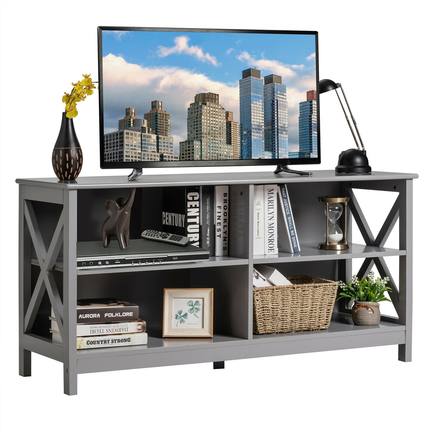 Wooden TV Stand Entertainment for TVs up to 55 Inch with X-Shaped Frame