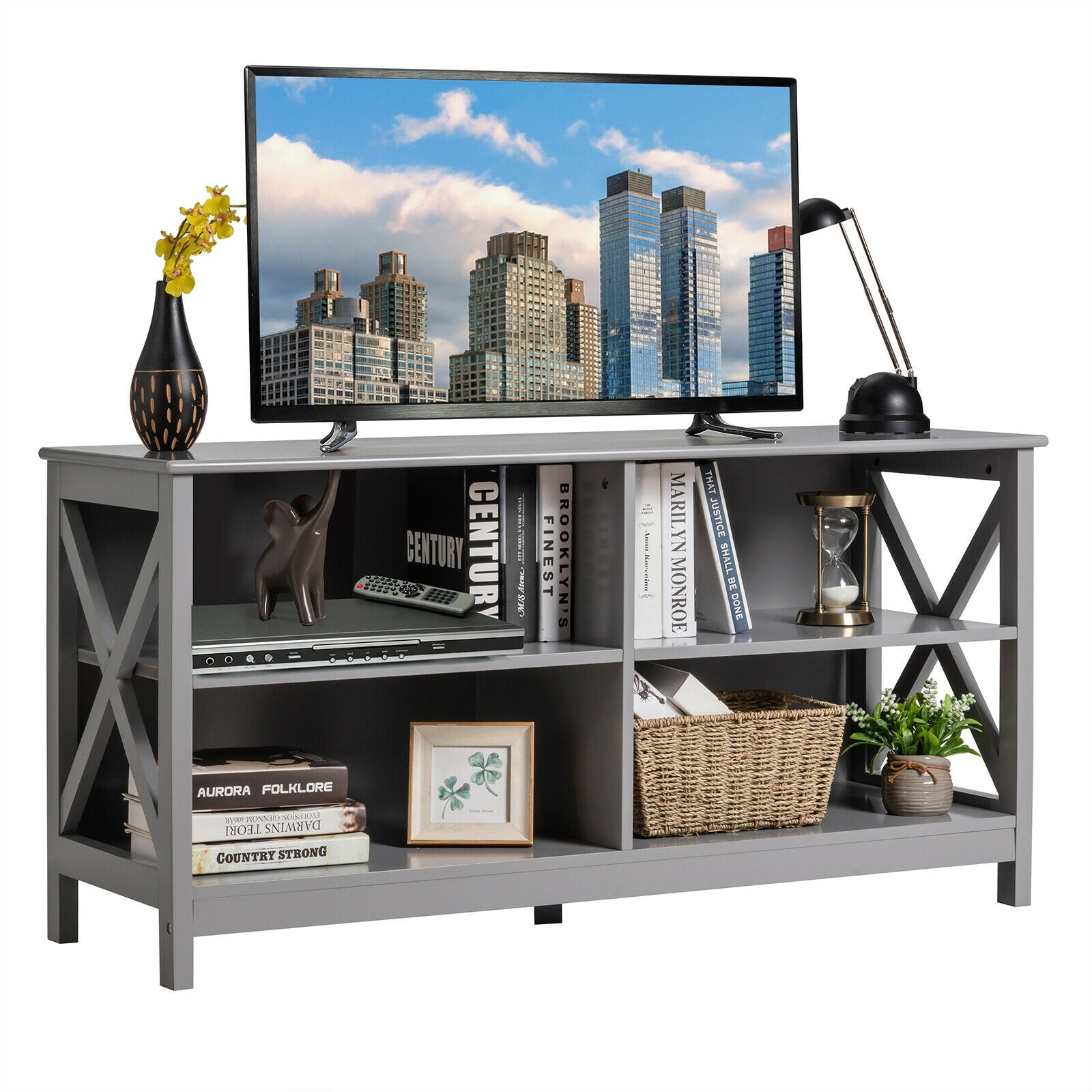 Wooden TV Stand Entertainment for TVs up to 55 Inch with X-Shaped Frame