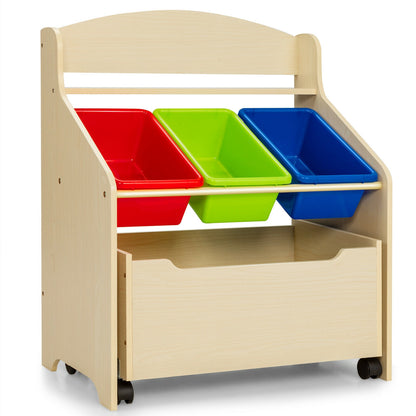 Kids Wooden Toy Storage Unit Organizer with Rolling Toy Box and Plastic Bins-Natural - Natural