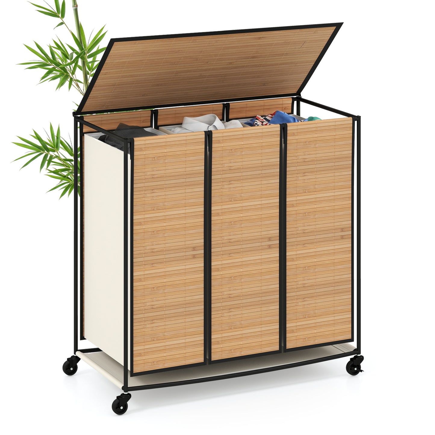3-Section Laundry Hamper with Lid and Wheels - 21.4 Gal