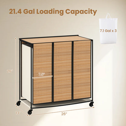 3-Section Laundry Hamper with Lid and Wheels - 21.4 Gal