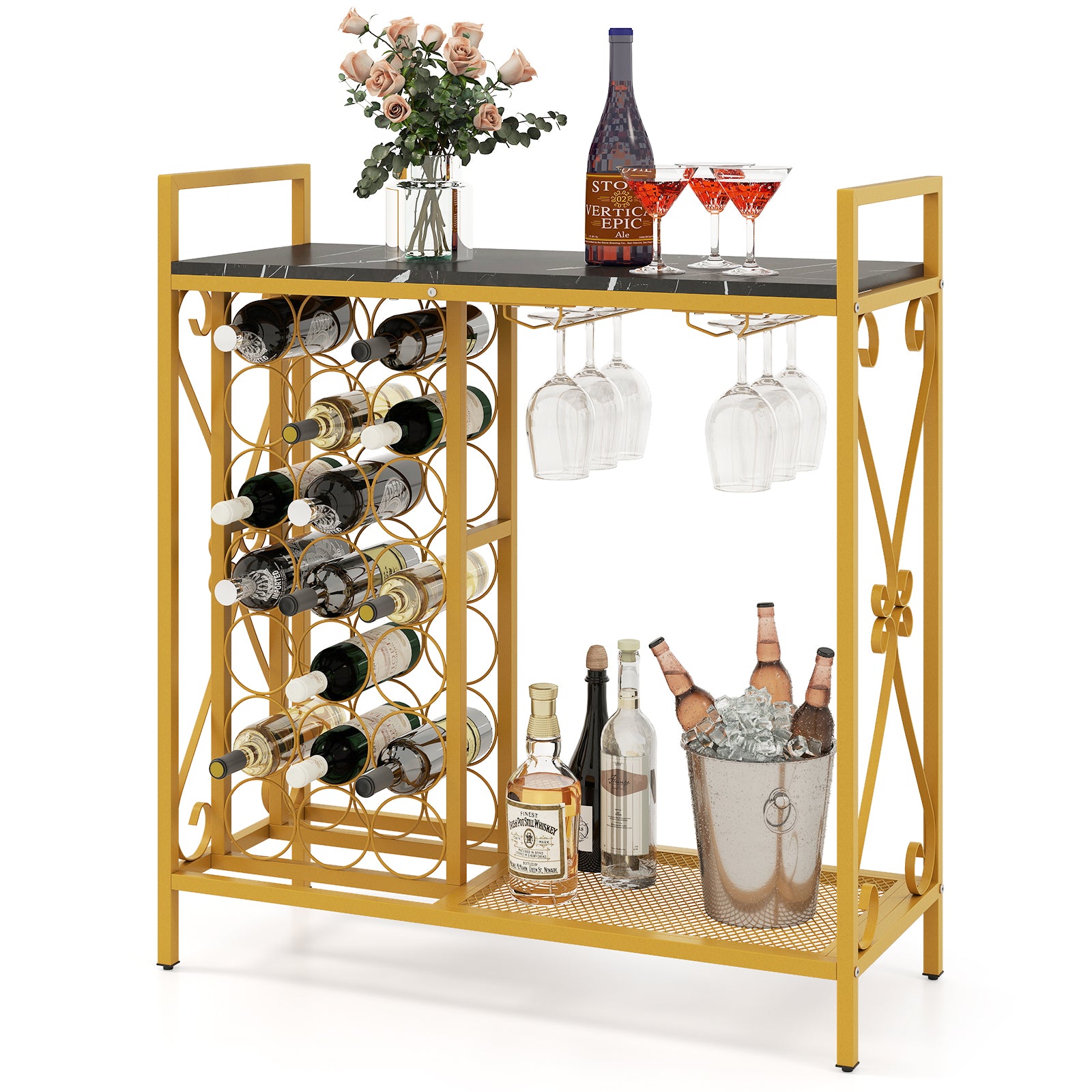21 Bottle Wine Rack Freestanding Floor Wine Bottle Organizer with Glass Holder-Golden - Golden