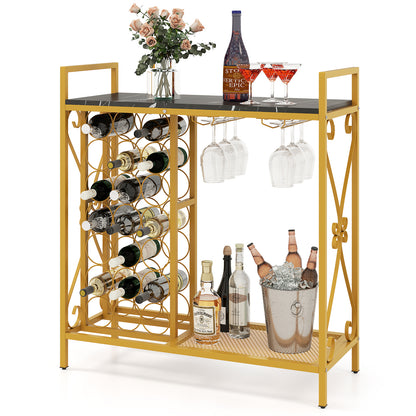 21 Bottle Wine Rack Freestanding Floor Wine Bottle Organizer with Glass Holder-Golden - Golden