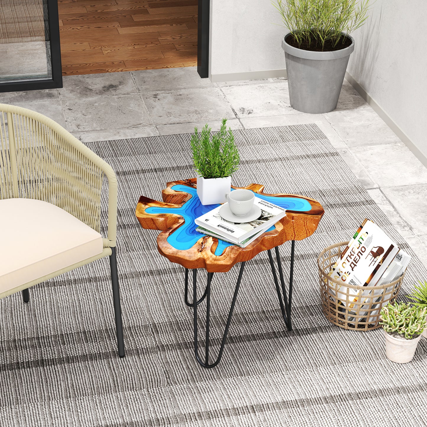 21 Inch Outdoor Epoxy Resin Teak Wood End Table with Irregular Tabletop
